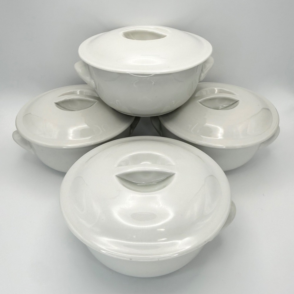 Pillivuyt France Culinaire White Porcelain Lidded Soup Bowls Handle Set of 4in